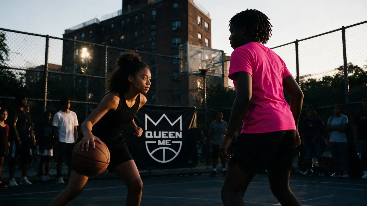 A girls' one-on-one game at dusk on an outdoor Bronx court: a player dribbling, her opponent a step away, a QueenMe banner on the chain-link fence